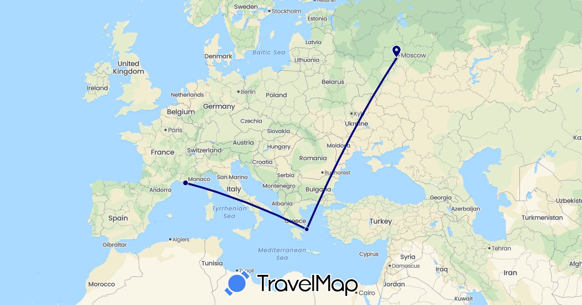 TravelMap itinerary: driving in France, Greece, Russia (Europe)